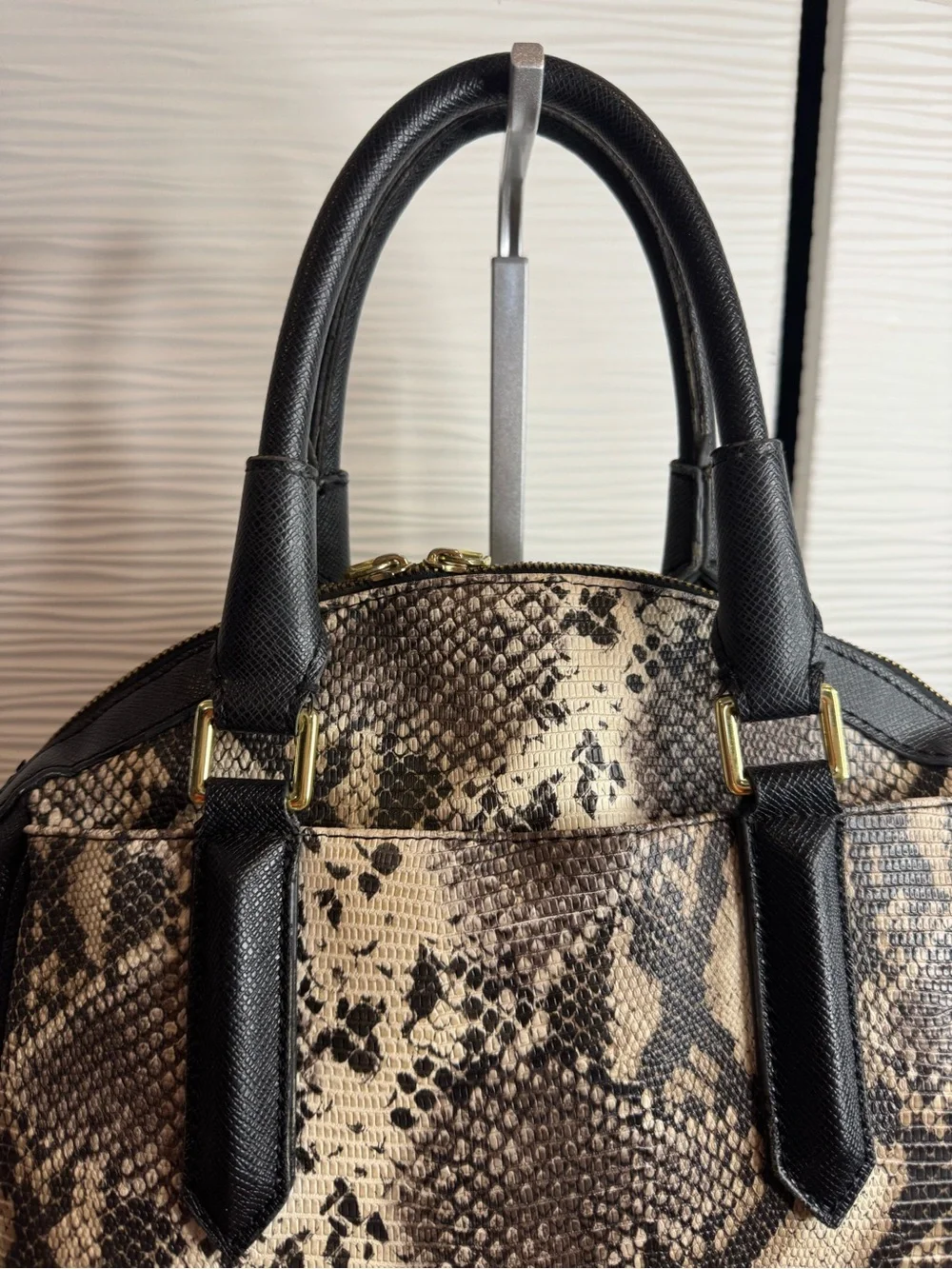 London Fog Black and Beige Python-Print Dome Satchel